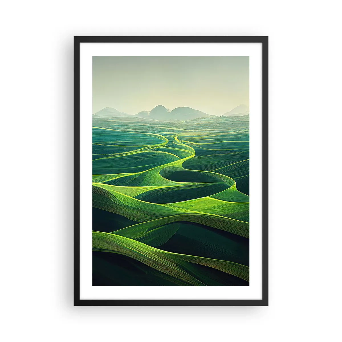 Poster in einem schwarzem Rahmen - Grüne, sanfte Felder mit Blick auf die Berge - 50x70cm - In den grünen Tälern - Moderne Wanddekoration für Wohnzimmer und Schlafzimmer ARTTOR