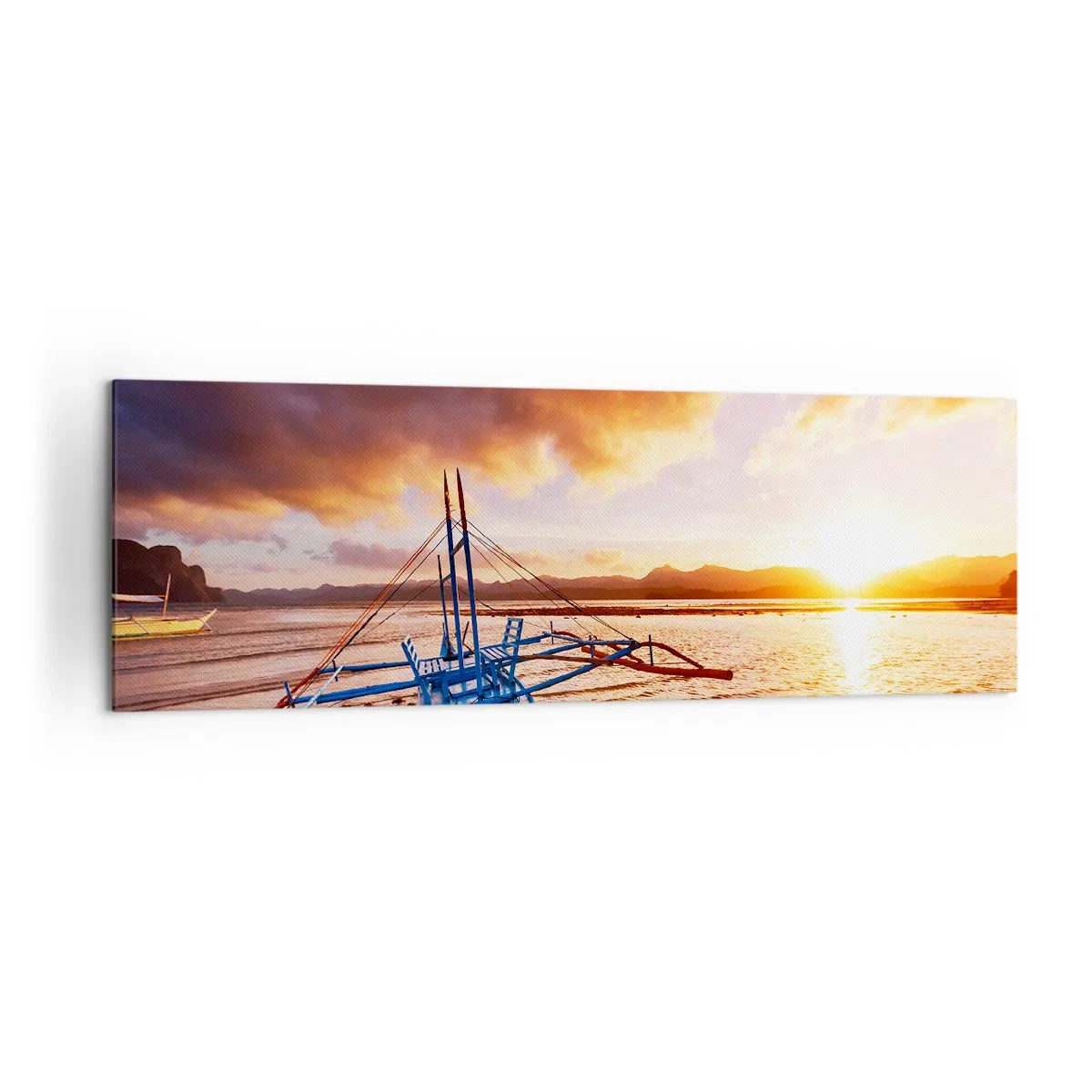 Bild auf Leinwand - Leinwandbild - Blaues Boot am Strand bei Sonnenuntergang - 160x50cm - Nach einem Tag sich im Sand ausstrecken - Moderne Wanddekoration für Wohnzimmer und Schlafzimmer ARTTOR