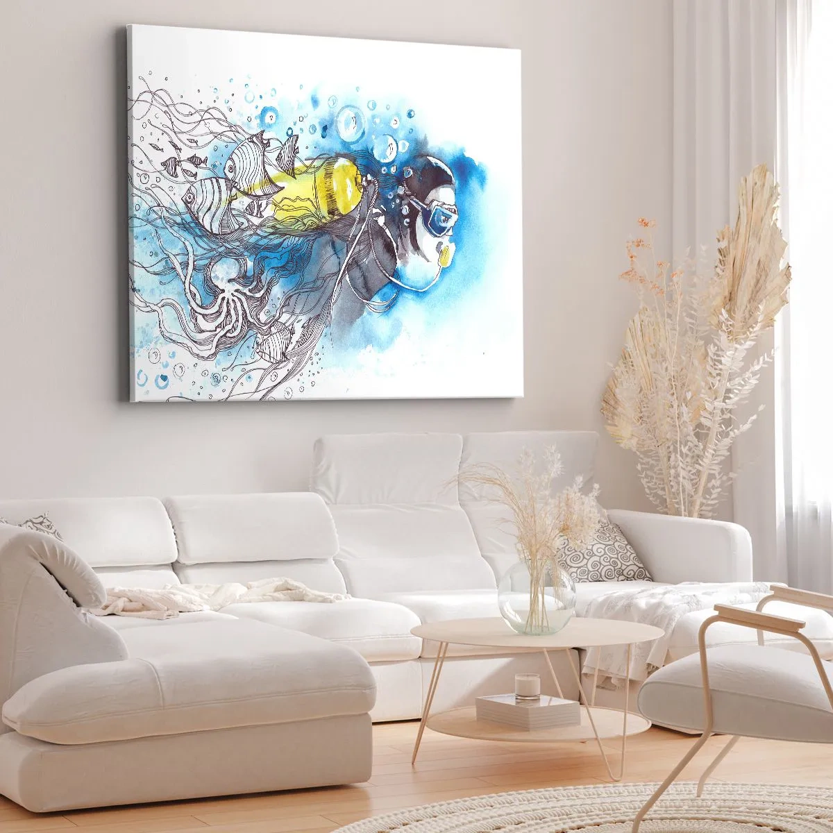 Bild auf Leinwand - Leinwandbild - Unterwasserszene mit einem Taucher und exotischen Fischen - 70x50cm - Tolles Blau - Moderne Wanddekoration für Wohnzimmer und Schlafzimmer ARTTOR