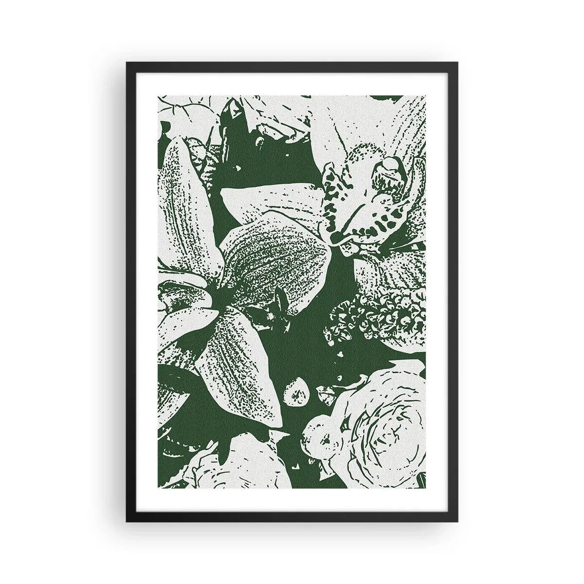 Poster in einem schwarzem Rahmen - Botanische Illustration von Blüten und Blättern in Kontrastfarben - 50x70cm - Blumenstrauß – die Welt des Grüns - Moderne Wanddekoration für Wohnzimmer und Schlafzimmer ARTTOR