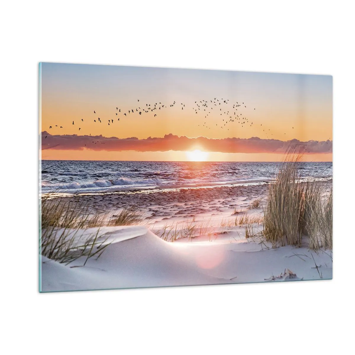 Glasbild - Bild auf glas - Sonnenuntergang über dem Meer mit Vögeln und Sanddünen - 120x80cm - Horizontale Landschaft - Moderne Wanddekoration für Wohnzimmer und Schlafzimmer ARTTOR