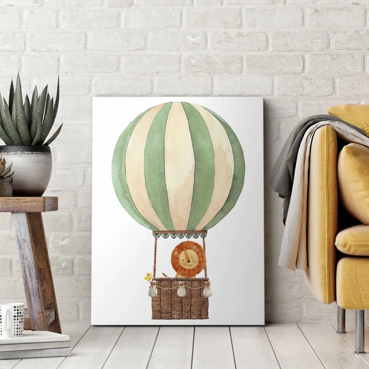 Bild auf Leinwand - Leinwandbild - Ein Ballon mit einem lächelnden Löwen in einem pastellfarbenen Korb - 70x100cm - Leons Reisen - Moderne Wanddekoration für Wohnzimmer und Schlafzimmer ARTTOR