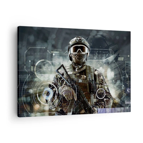 Bild auf Leinwand - Leinwandbild - Ein Soldat in einem futuristischen Helm mit einer Waffe vor dem Hintergrund der Technologie. - 70x50cm - Macht zu Macht - Moderne Wanddekoration für Wohnzimmer und Schlafzimmer ARTTOR
