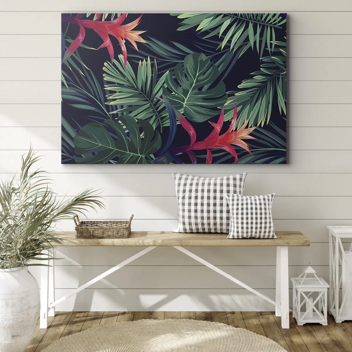 Bild auf Leinwand - Leinwandbild - Tropische Blätter und Blüten auf dunklem Hintergrund - 70x50cm - Im Grünen in Flammen gehen - Moderne Wanddekoration für Wohnzimmer und Schlafzimmer ARTTOR