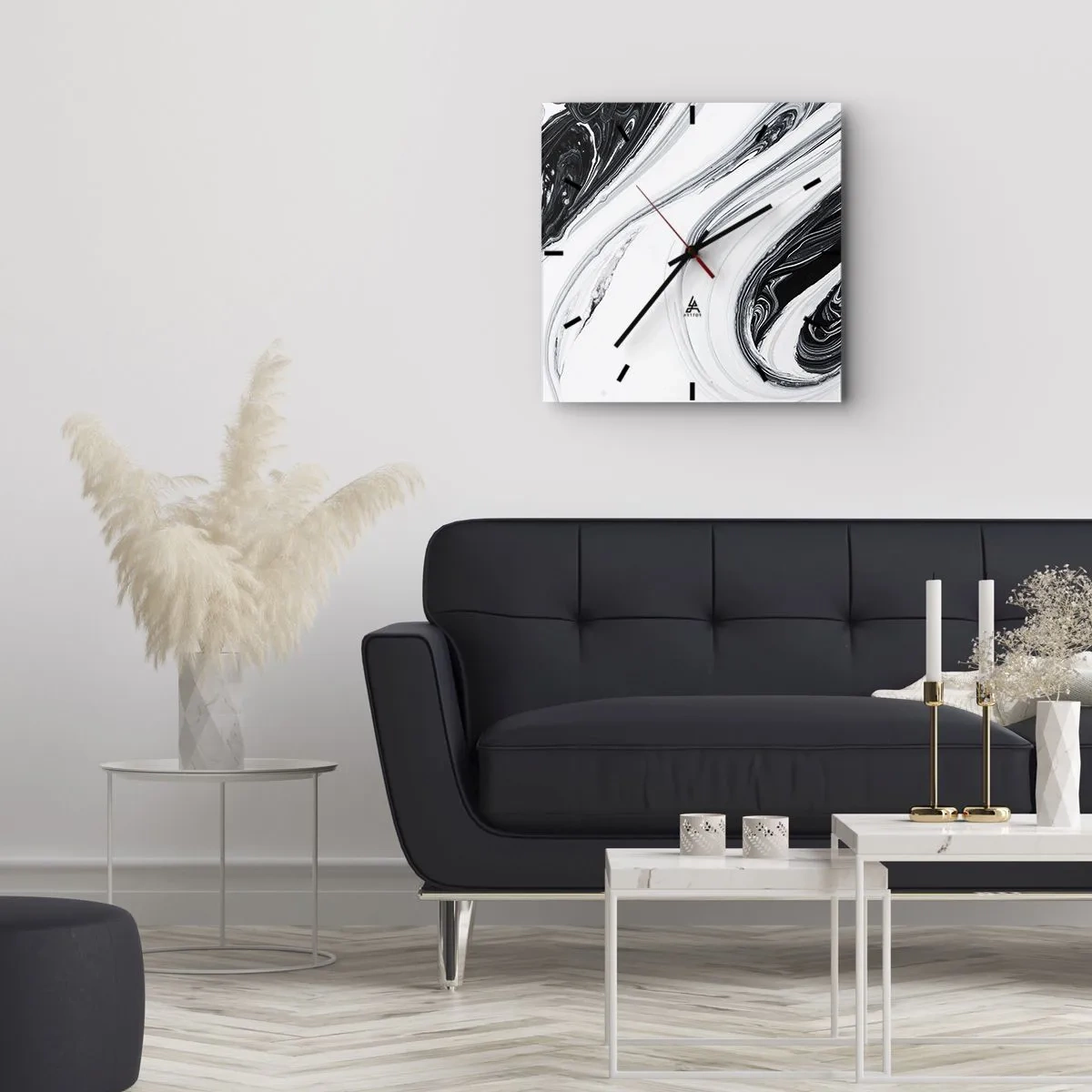 Wanduhr - Glasuhr - Schwarz-Weiß-Abstraktion mit dynamischen Linien und Wirbeln - 30x30cm - Kombination aus Gegensätzen - Moderne Wanddekoration für Wohnzimmer und Schlafzimmer ARTTOR
