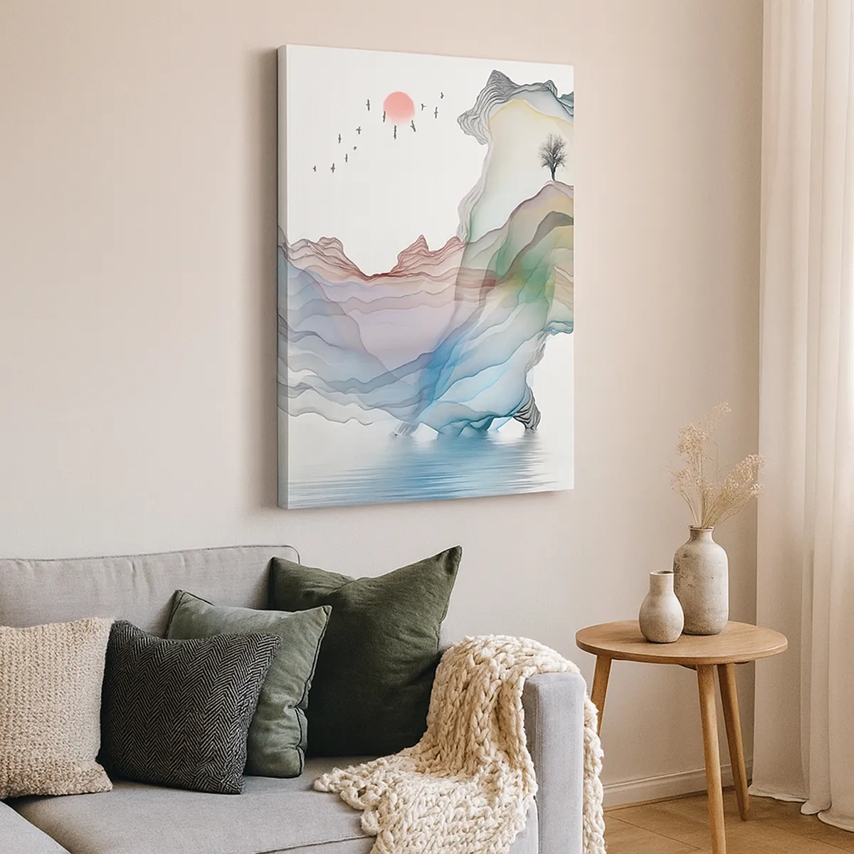 Bild auf Leinwand - Leinwandbild - Eine subtile Landschaft mit Bergen, Wasser und einem Boot - 50x70cm - Zu den Kristallbergen - Moderne Wanddekoration für Wohnzimmer und Schlafzimmer ARTTOR