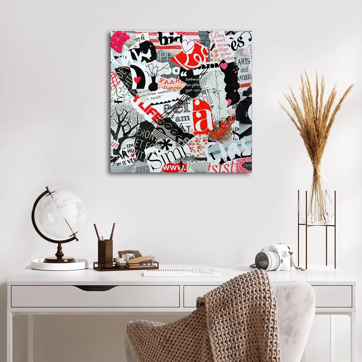 Wanduhr - Glasuhr - Eine bunte Collage mit Aufschriften, Herzen und Grafiken. - 30x30cm - Hipster-Collage - Moderne Wanddekoration für Wohnzimmer und Schlafzimmer ARTTOR