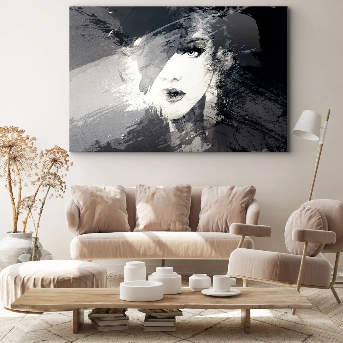 Bild auf Leinwand - Leinwandbild - Ein abstraktes Frauenporträt in Grautönen mit zarten Akzenten. - 70x50cm - Hinter einem grauen Schleier - Moderne Wanddekoration für Wohnzimmer und Schlafzimmer ARTTOR