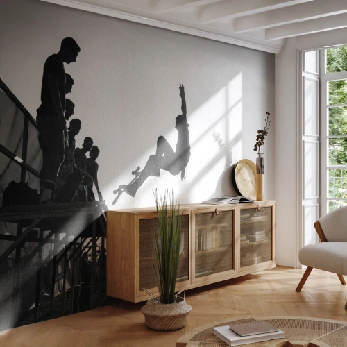 Fototapete Premium Sand - Schwarz-weiße Skateboardszene auf einer Rampe - 100x70cm - Helden und Zuschauer - Moderne Wanddekoration für Wohnzimmer und Schlafzimmer ARTTOR