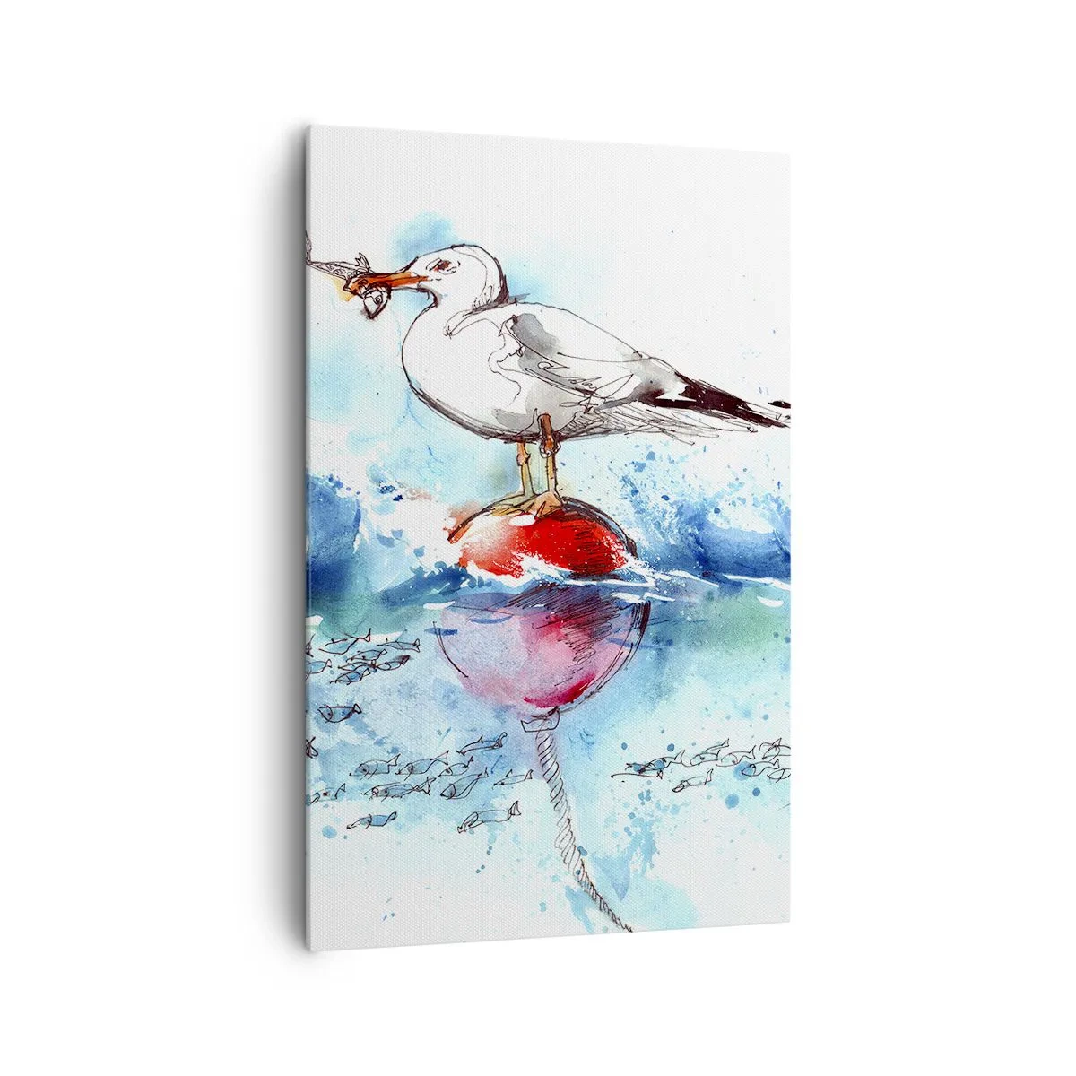 Bild auf Leinwand - Leinwandbild - Möwe auf einer Boje mit Fischen im Hintergrund im Aquarellstil - 80x120cm - Erfolgreicher Fang - Moderne Wanddekoration für Wohnzimmer und Schlafzimmer ARTTOR