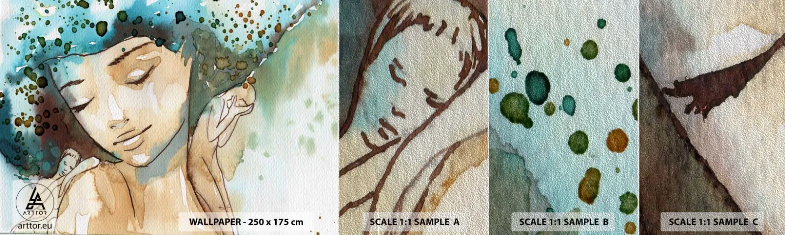 Fototapeten Muster Premium Sand - Dame in Blau - Abstraktion, Frau, Das Gesicht einer Frau - 100x30 cm