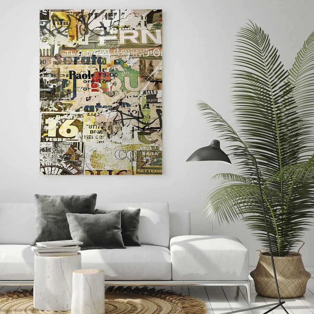 Glasbild - Bild auf glas - Eine Collage aus Zeitungs- und Plakatfragmenten im künstlerischen Stil. - 70x100cm - Ach, es passiert... - Moderne Wanddekoration für Wohnzimmer und Schlafzimmer ARTTOR