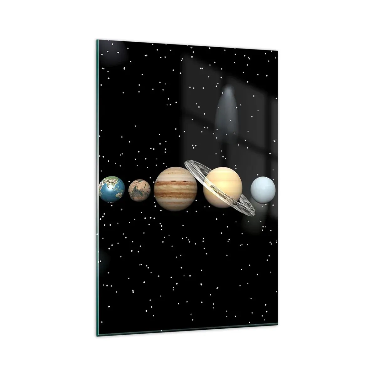 Glasbild - Bild auf glas - Das Sonnensystem mit Planeten vor dem Hintergrund der Sterne im Weltraum - 80x120cm - Und die Planeten werden verrückt und toben ... - Moderne Wanddekoration für Wohnzimmer und Schlafzimmer ARTTOR