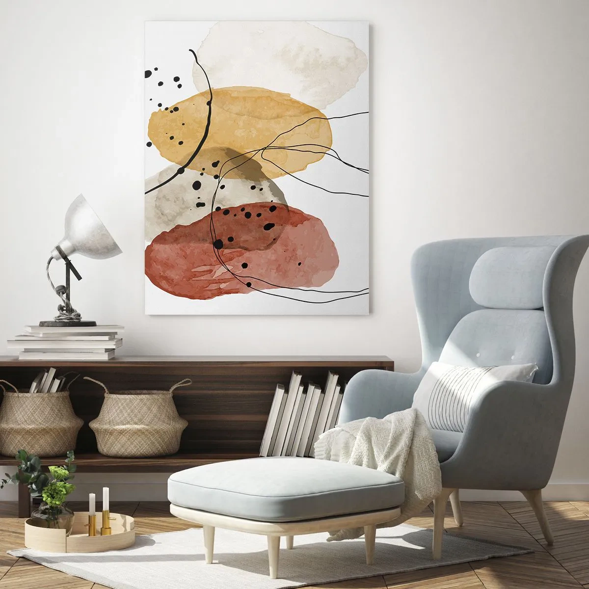 Glasbild - Bild auf glas - Abstrakte Flecken in Beige-, Gelb- und Rottönen - 70x100cm - Wie leichte, transparente Luft - Moderne Wanddekoration für Wohnzimmer und Schlafzimmer ARTTOR