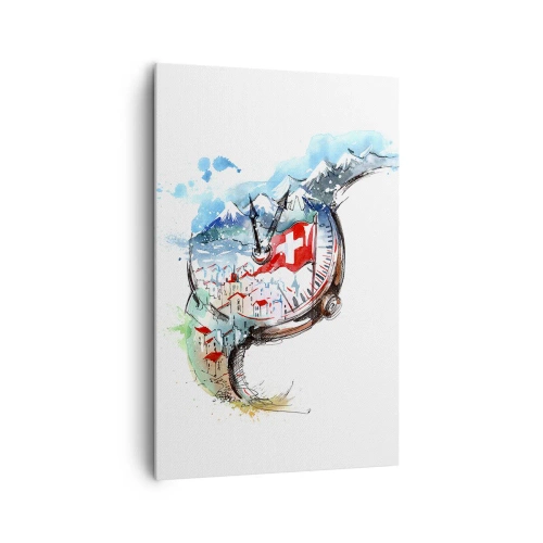 Bild auf Leinwand - Leinwandbild - Eine Aquarelllandschaft der Schweiz im Uhrwerk-Design - 80x120cm - Der Geist der Schweiz - Moderne Wanddekoration für Wohnzimmer und Schlafzimmer ARTTOR