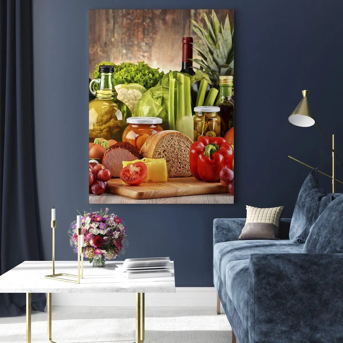 Glasbild - Bild auf glas - Buntes Gemüse, Obst, Brot und Konfitüren auf einem hölzernen Hintergrund - 50x70cm - Geräuchert, gebacken und eingelegt - Moderne Wanddekoration für Wohnzimmer und Schlafzimmer ARTTOR