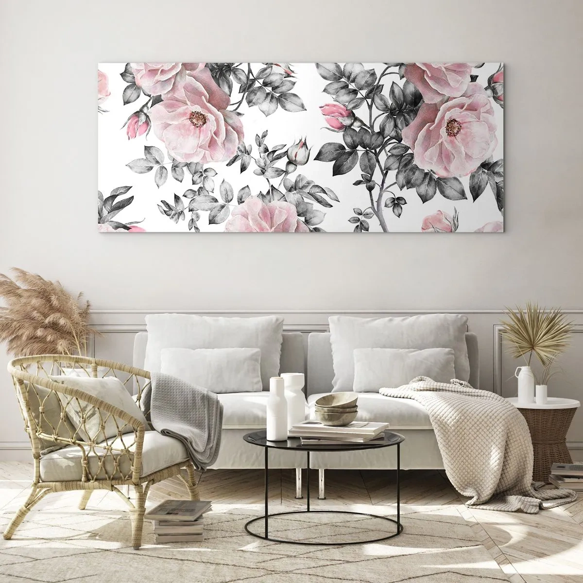 Glasbild - Bild auf glas - Rosa Rosen und Blätter auf einem zarten schwarz-weißen Hintergrund - 160x50cm - Verliere dich in den Blüten der Rosen - Moderne Wanddekoration für Wohnzimmer und Schlafzimmer ARTTOR