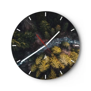 Wanduhr - Glasuhr - Ein Blick von oben auf den Wald und einen Bach zwischen den Nadelbäumen - 30x30cm - Schnell und immer schneller - Moderne Wanddekoration für Wohnzimmer, Küche und Schlafzimmer ARTTOR