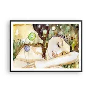 Poster in einem schwarzem Rahmen - Eine träumende Frau, umgeben von abstrakten Formen und Farben. - 100x70cm - Ein smaragd-violetter Traum - Moderne Wanddekoration für Wohnzimmer und Schlafzimmer ARTTOR