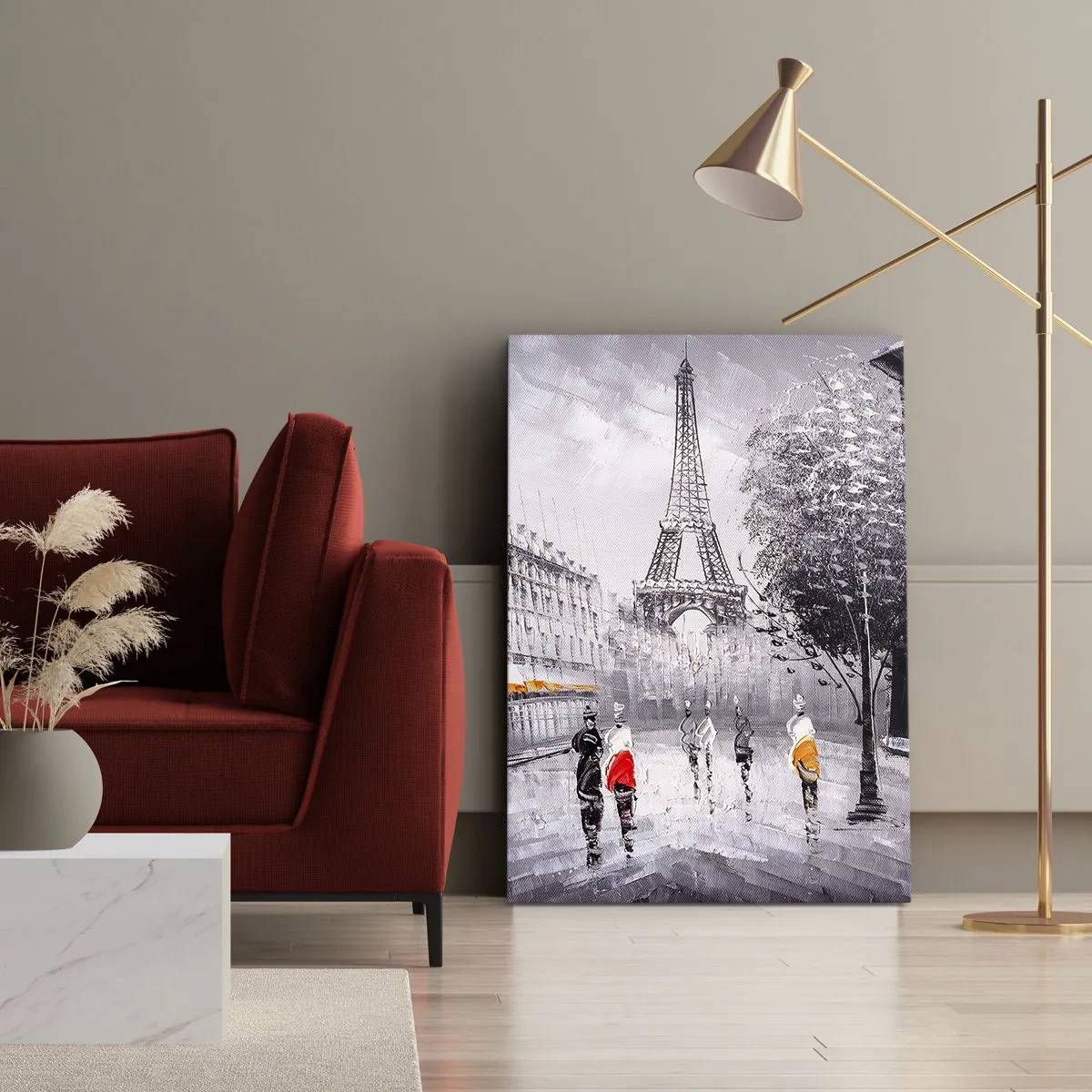 Bild auf Leinwand - Leinwandbild - Ein Blick auf den Eiffelturm in einer monochromen Umgebung mit Farbakzenten - 80x120cm - Pariser Spaziergang - Moderne Wanddekoration für Wohnzimmer und Schlafzimmer ARTTOR