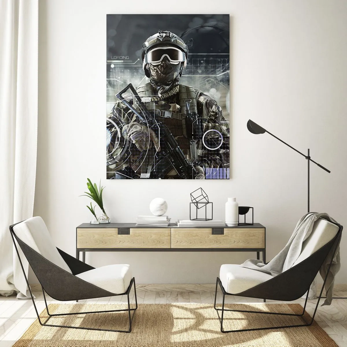 Glasbild - Bild auf glas - Ein Soldat in einem futuristischen Helm mit einer Waffe vor dem Hintergrund der Technologie. - 80x120cm - Macht zu Macht - Moderne Wanddekoration für Wohnzimmer und Schlafzimmer ARTTOR