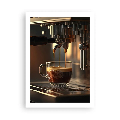 Poster - Eine Kaffeemaschine gießt Espresso in eine Tasse - 50x70cm - Sinnliche Mischung - Moderne Wanddekoration für Wohnzimmer und Schlafzimmer ARTTOR