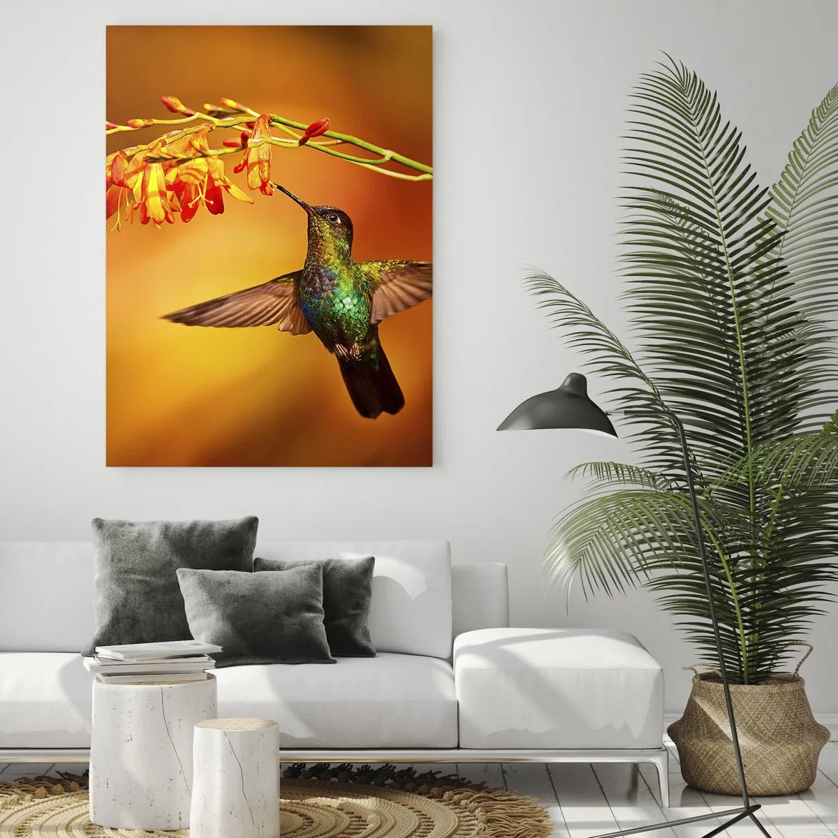 Glasbild - Bild auf glas - Kolibri neben Blumen in goldenem Glanz - 50x70cm - Ein Lichtbote nach den Maya - Moderne Wanddekoration für Wohnzimmer und Schlafzimmer ARTTOR