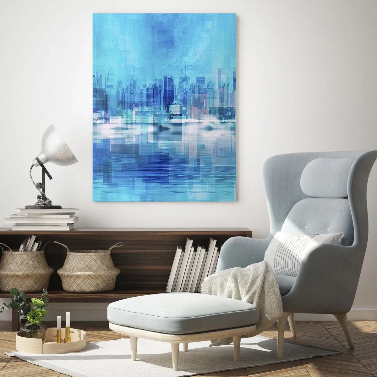 Glasbild - Bild auf glas - Ein modernes Stadtpanorama in Blautönen - 50x70cm - In Blau ertrunken - Moderne Wanddekoration für Wohnzimmer und Schlafzimmer ARTTOR