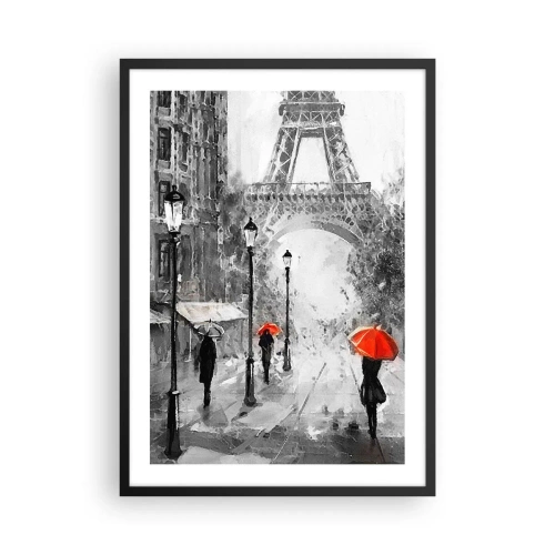 Poster in einem schwarzem Rahmen - Schwarz-weißer Eiffelturm mit roten Regenschirmen im Regen - 50x70cm - Alle Wege führen zu ihr - Moderne Wanddekoration für Wohnzimmer und Schlafzimmer ARTTOR