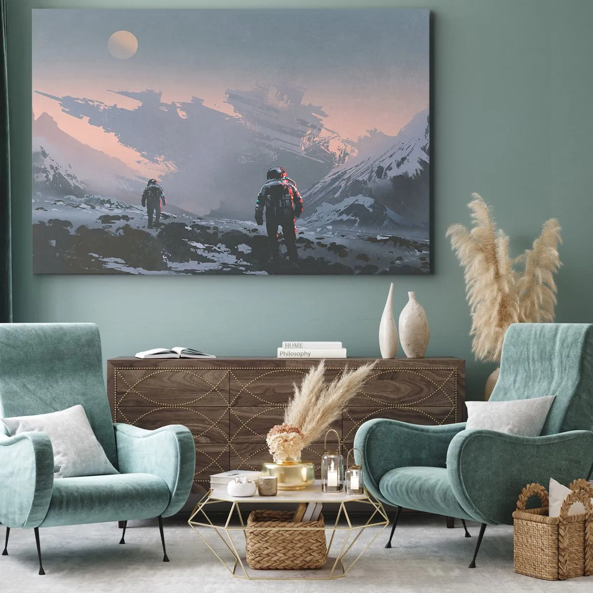 Bild auf Leinwand - Leinwandbild - Astronauten auf einem fremden Planeten mit einem Raumschiffwrack - 120x80cm - Unter einem unbekannten Stern - Moderne Wanddekoration für Wohnzimmer und Schlafzimmer ARTTOR