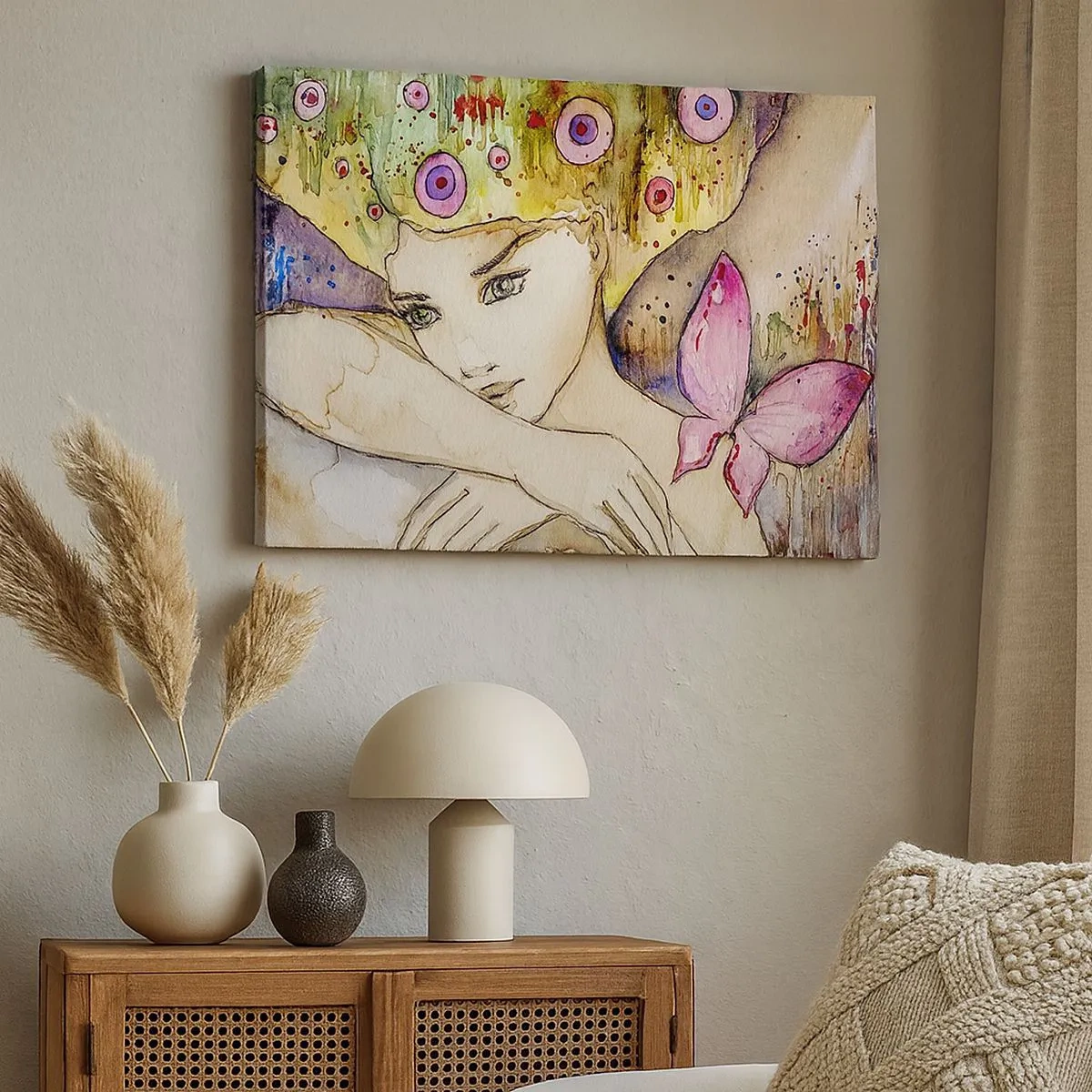 Bild auf Leinwand - Leinwandbild - Eine Frau mit abstrakter Frisur und einem rosa Schmetterling - 70x50cm - Schmetterlingsprinzessin - Moderne Wanddekoration für Wohnzimmer und Schlafzimmer ARTTOR