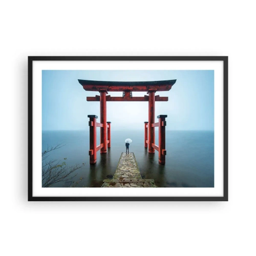 Poster in einem schwarzem Rahmen - Ein Torii-Tor mit Blick auf einen ruhigen See in Japan - 70x50cm - Japanische Träumerei - Moderne Wanddekoration für Wohnzimmer und Schlafzimmer ARTTOR