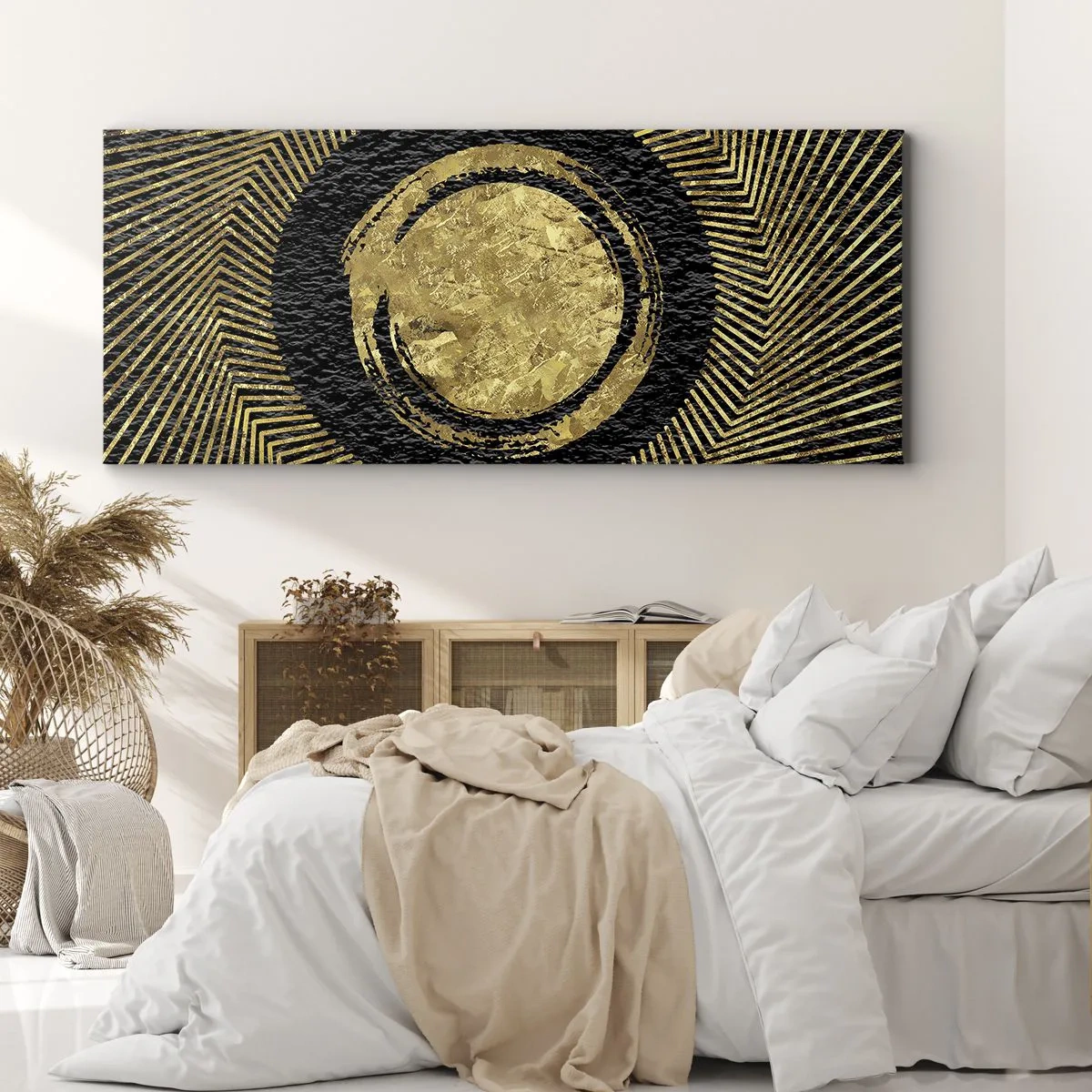 Bild auf Leinwand - Leinwandbild - Geometrische Komposition in Schwarz und Gold mit Strahlen - 160x50cm - Glamour-Komposition - Moderne Wanddekoration für Wohnzimmer und Schlafzimmer ARTTOR