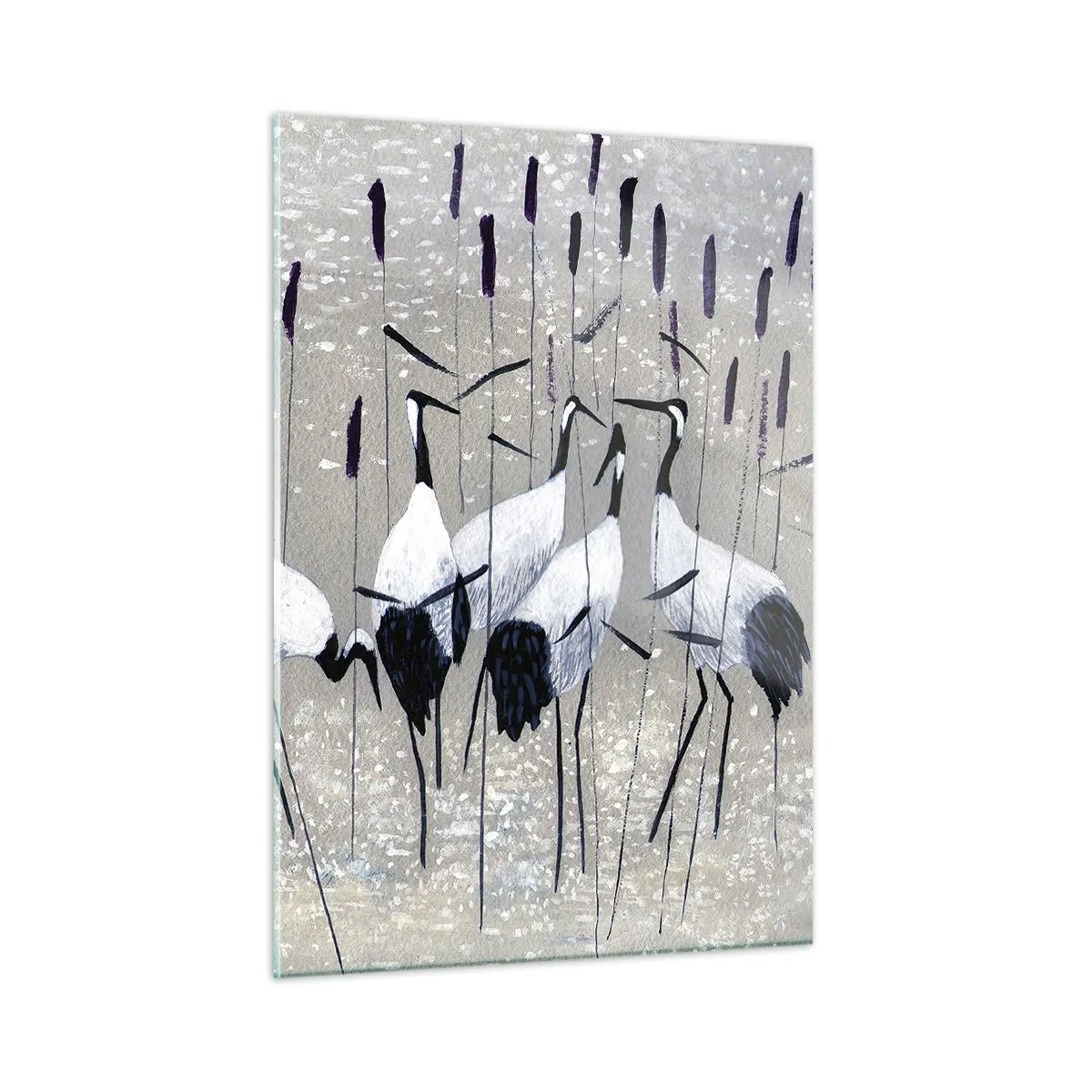 Glasbild - Bild auf glas - Vier Kraniche im Schilf am See - 50x70cm - Unter ihren eigenen - Moderne Wanddekoration für Wohnzimmer und Schlafzimmer ARTTOR