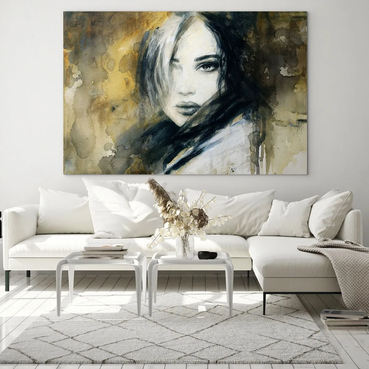 Glasbild - Bild auf glas - Porträt einer Frau im Aquarellstil - 100x70cm - unschuldiger oder sinnlicher? - Moderne Wanddekoration für Wohnzimmer und Schlafzimmer ARTTOR