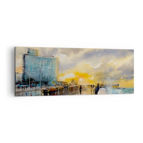 Bild auf Leinwand - Leinwandbild - Ein malerischer Blick auf die Strandpromenade bei Sonnenuntergang - 140x50cm - Leben am Ufer - Moderne Wanddekoration für Wohnzimmer und Schlafzimmer ARTTOR