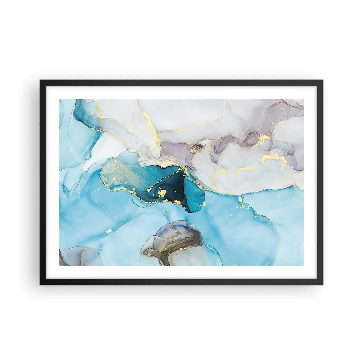 Poster in einem schwarzem Rahmen - Abstraktion in Blau- und Goldtönen mit subtilen Linien - 70x50cm - Eine Studie über das Zusammentreffen von Grau und Türkis - Moderne Wanddekoration für Wohnzimmer und Schlafzimmer ARTTOR