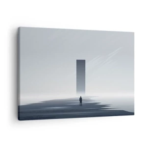 Bild auf Leinwand - Leinwandbild - Eine minimalistische Landschaft mit einer Silhouette neben einem rechteckigen Monolithen - 70x50cm - Chance oder Bedrohung? - Moderne Wanddekoration für Wohnzimmer und Schlafzimmer ARTTOR
