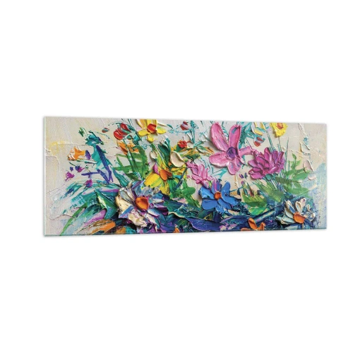 Glasbild - Bild auf glas - Ein bunter Blumenstrauß, gemalt in der Impasto-Technik - 140x50cm - Überhaupt kein Stillleben - Moderne Wanddekoration für Wohnzimmer und Schlafzimmer ARTTOR