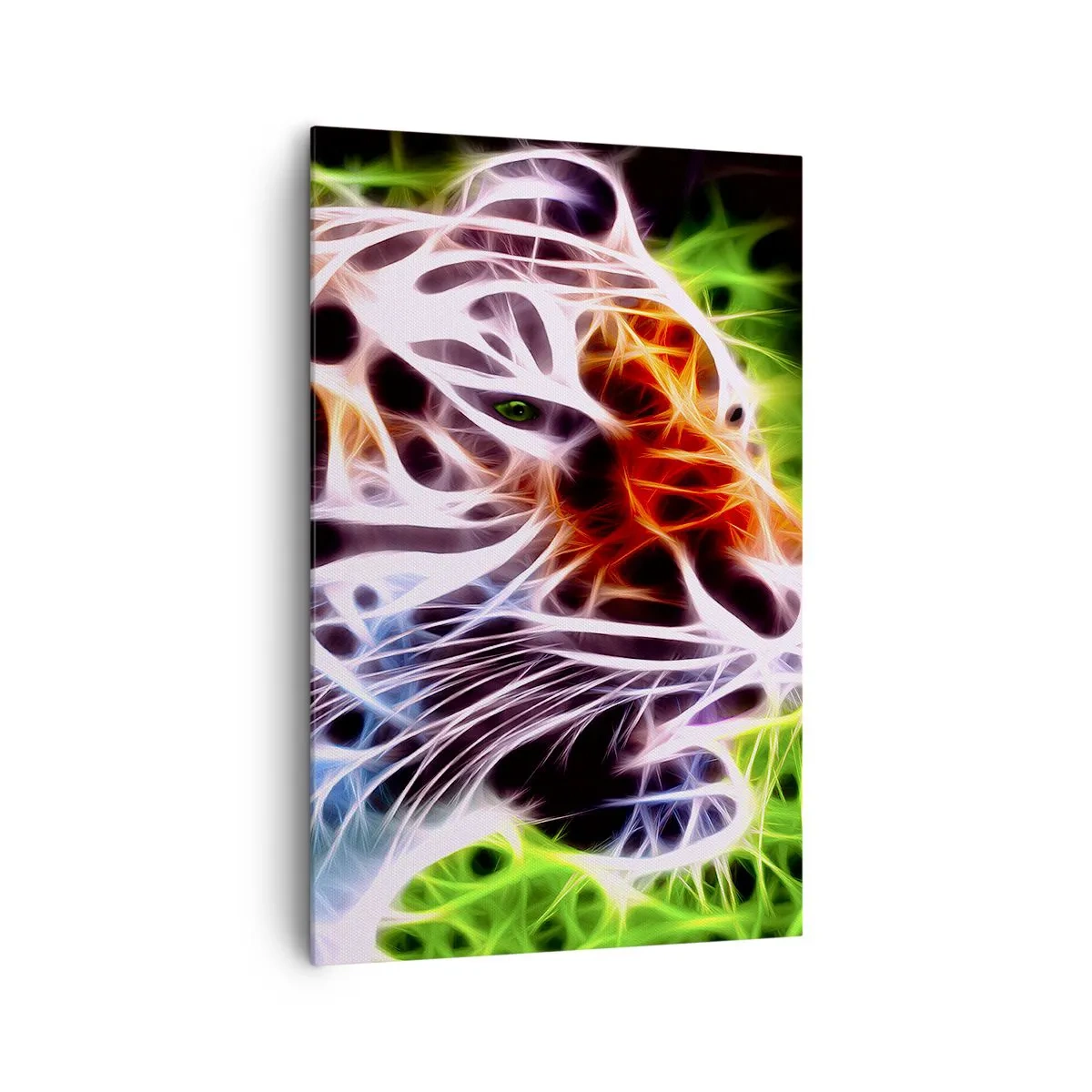 Bild auf Leinwand - Leinwandbild - Farbenfrohes künstlerisches Porträt eines Tigers im Neonstil auf schwarzem Hintergrund. - 80x120cm - Schreckliche Aura - Moderne Wanddekoration für Wohnzimmer und Schlafzimmer ARTTOR