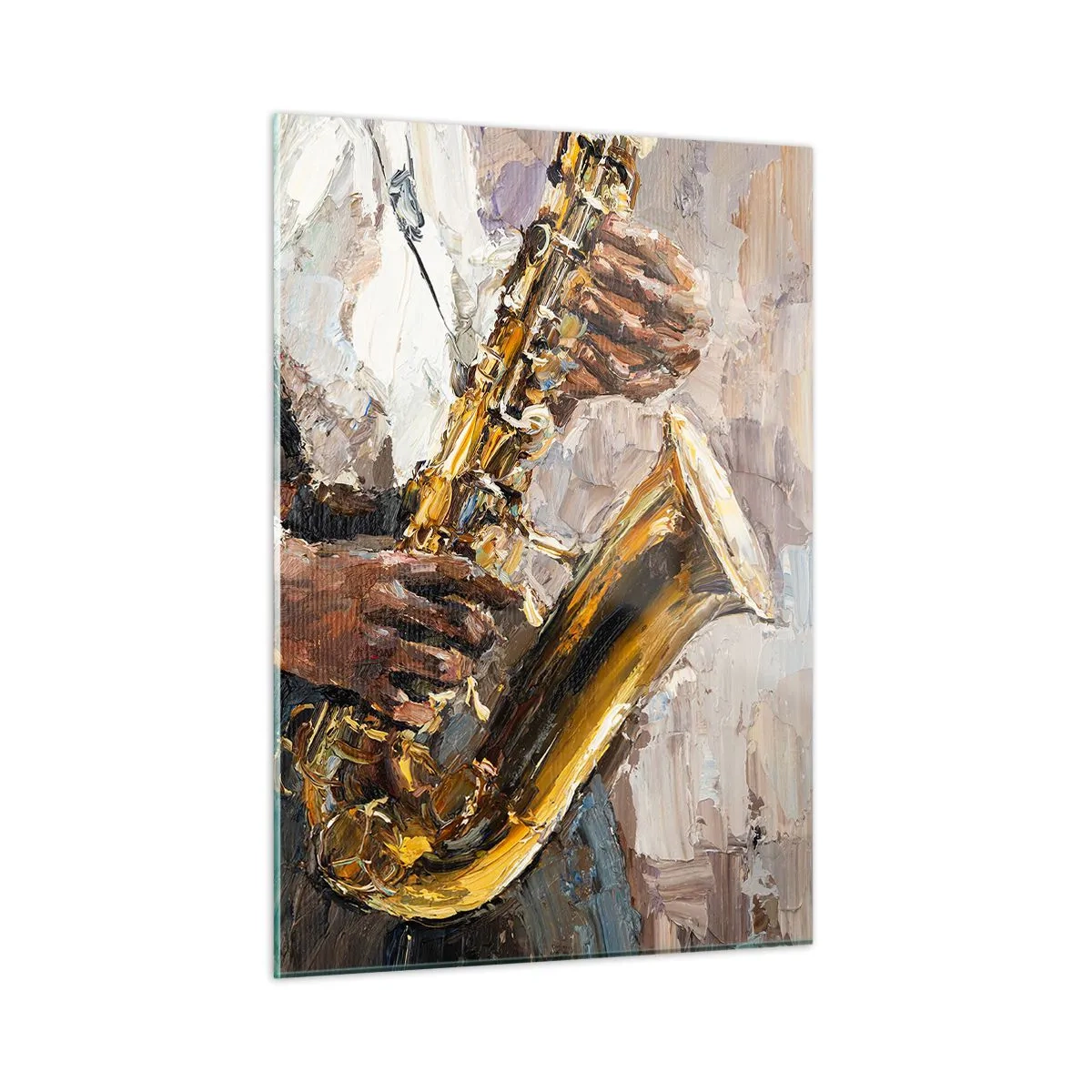 Glasbild - Bild auf glas - Ein Saxophon spielender Musiker, gemalt in Impasto-Technik - 50x70cm - Zeit fürs Solo - Moderne Wanddekoration für Wohnzimmer und Schlafzimmer ARTTOR