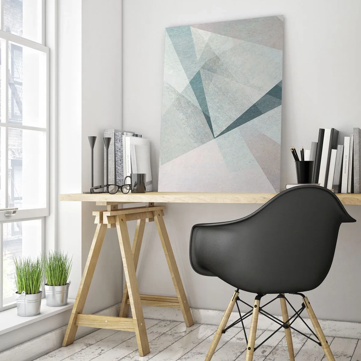 Glasbild - Bild auf glas - Geometrische Formen in Pastelltönen von Blau und Grau - 70x100cm - Einfach aber dynamisch - Moderne Wanddekoration für Wohnzimmer und Schlafzimmer ARTTOR
