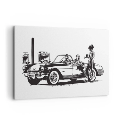 Bild auf Leinwand - Leinwandbild - Eine schwarz-weiße Retro-Szene mit einem Auto und einer Kellnerin auf Rollschuhen. - 120x80cm - 60. - unbeschwertes Amerika - Moderne Wanddekoration für Wohnzimmer und Schlafzimmer ARTTOR