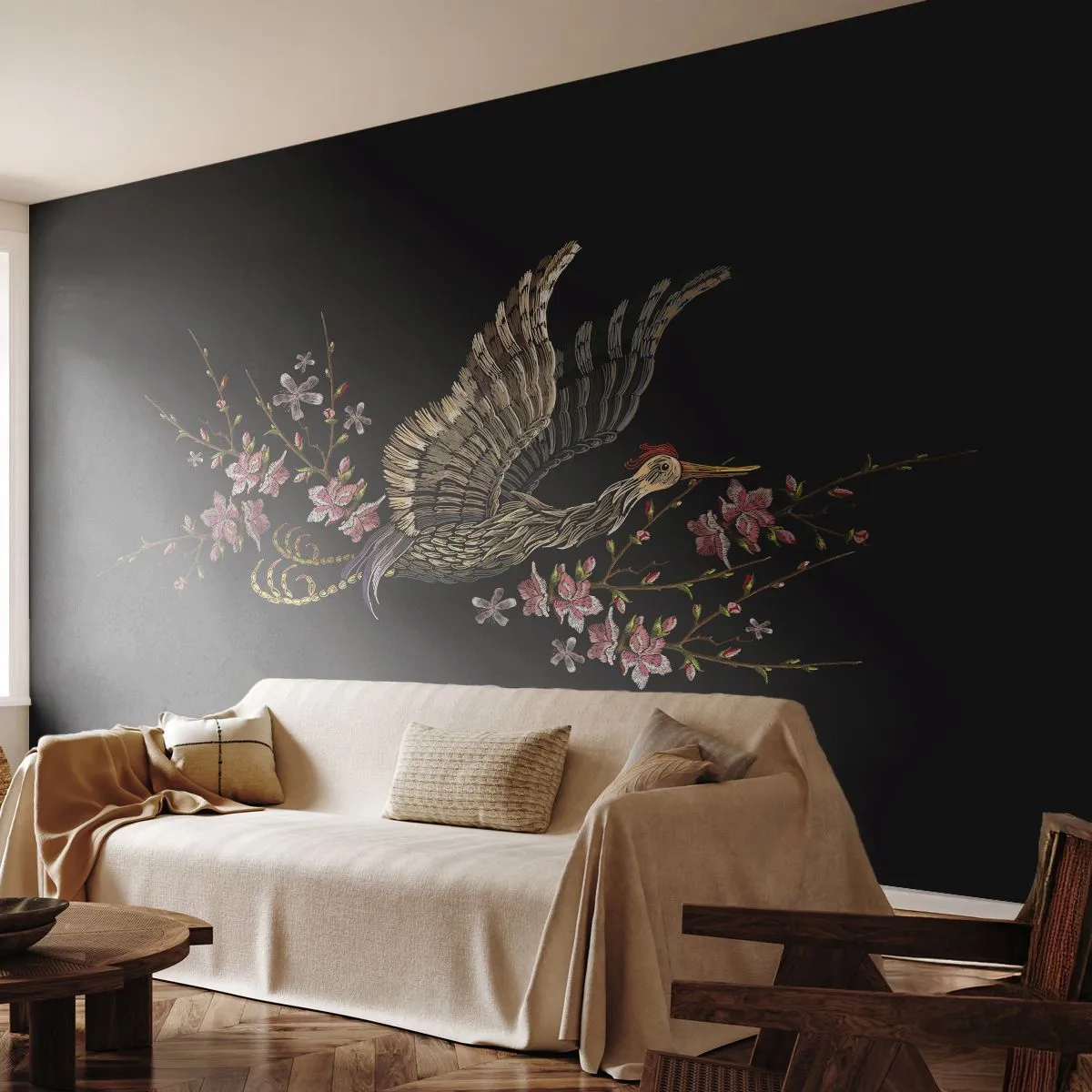 Fototapete Premium Sand - Ein eleganter Kranich zwischen blühenden Zweigen auf schwarzem Hintergrund - 100x70cm - Exotischer gestickter Vogel - Moderne Wanddekoration für Wohnzimmer und Schlafzimmer ARTTOR