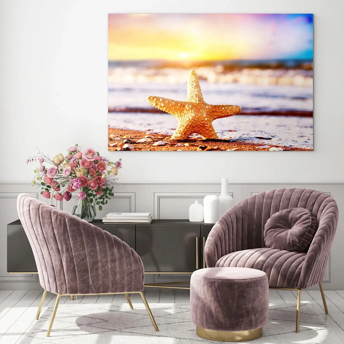 Glasbild - Bild auf glas - Seesterne am Strand im Licht der untergehenden Sonne - 70x50cm - Meer Geschenk - Moderne Wanddekoration für Wohnzimmer und Schlafzimmer ARTTOR