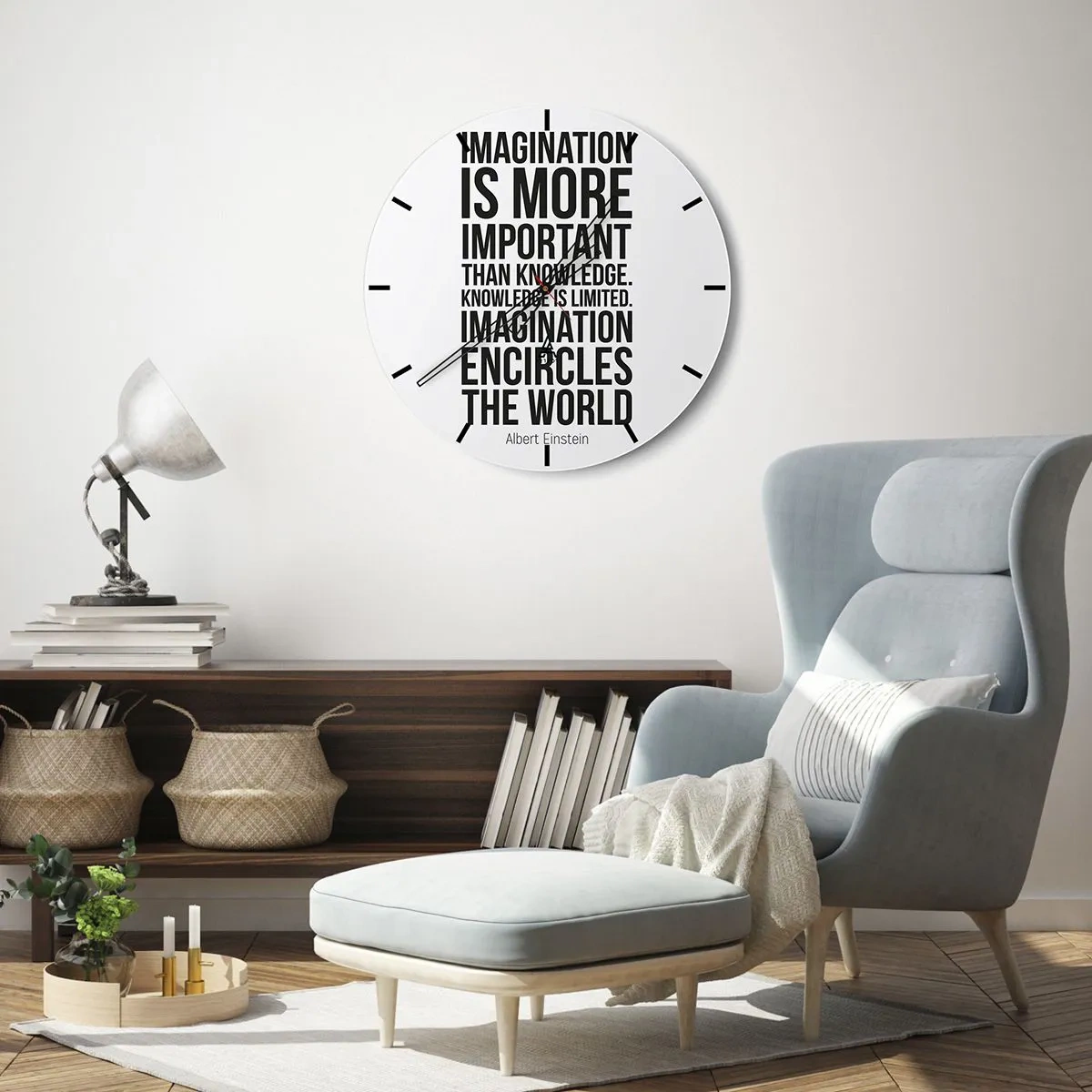 Wanduhr - Glasuhr - Einstein über die Kraft der Vorstellungskraft - 40x40 cm