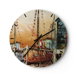 Wanduhr - Glasuhr - Bild von Segelschiffen in einem malerischen Hafen bei Sonnenuntergang - 30x30cm - Friedliche Rückkehr - Moderne Wanddekoration für Wohnzimmer, Küche und Schlafzimmer ARTTOR