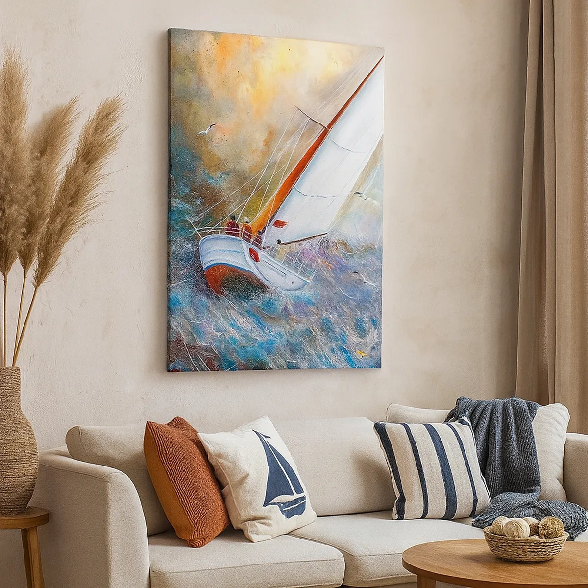 Bild auf Leinwand - Leinwandbild - Segelboote auf rauen Wellen in einer dynamischen Komposition - 50x70cm - Durch die Wellen laufend - Moderne Wanddekoration für Wohnzimmer und Schlafzimmer ARTTOR