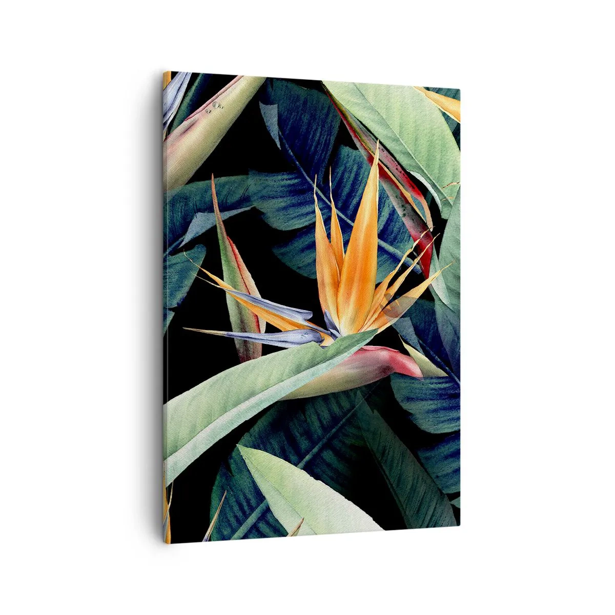 Bild auf Leinwand - Leinwandbild - Tropische Blumen und Blätter auf schwarzem Hintergrund - 50x70cm - Flammende Blumen der Tropen - Moderne Wanddekoration für Wohnzimmer und Schlafzimmer ARTTOR