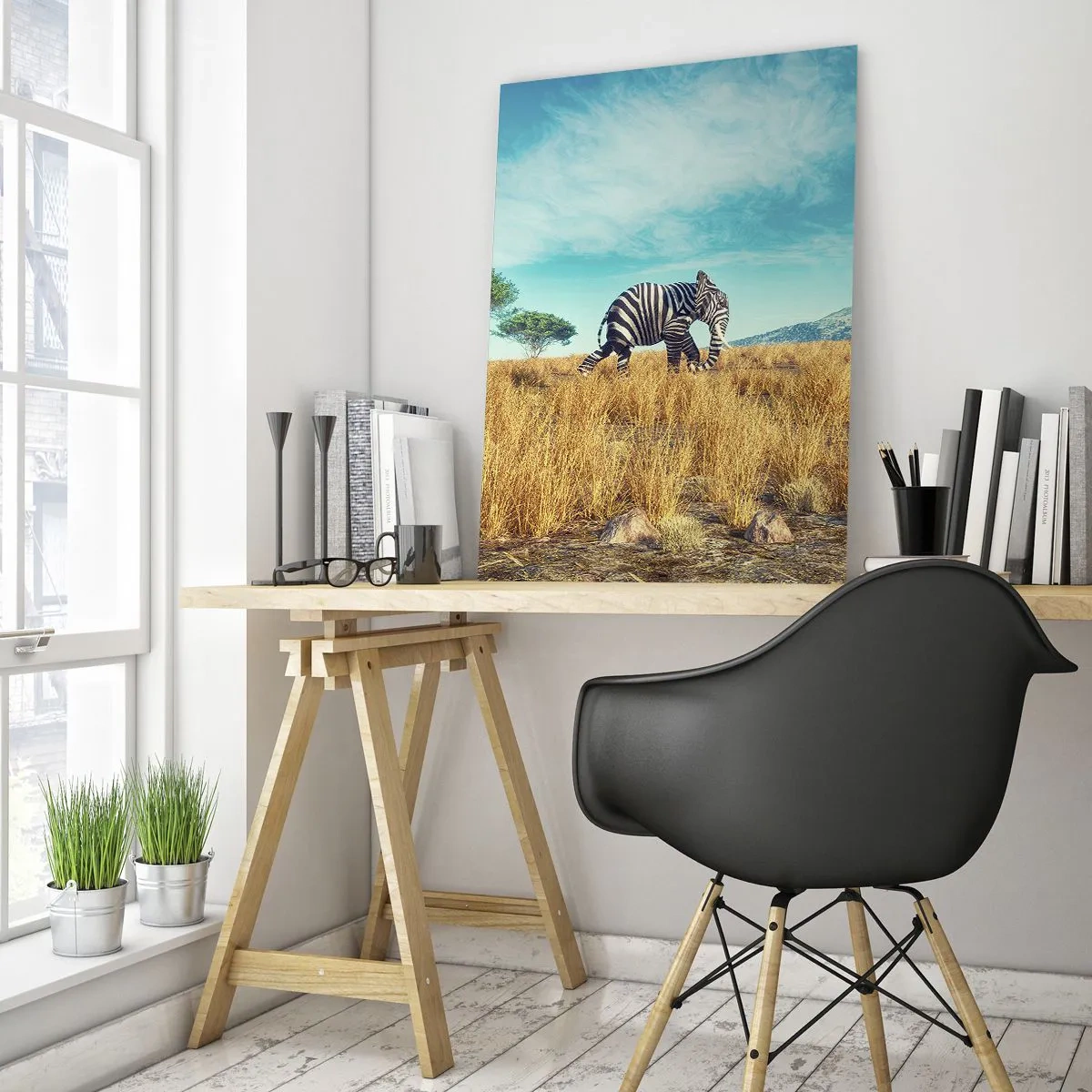 Glasbild - Bild auf glas - Ein Elefant mit Zebrastreifen in der Savanne unter freiem Himmel - 50x70cm - Grau ist nicht mehr in Mode - Moderne Wanddekoration für Wohnzimmer und Schlafzimmer ARTTOR
